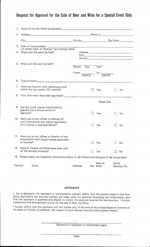 First page of the Application for Special Event Liquor License