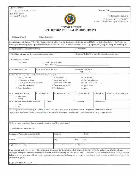 First page of the Road Encroachment Application