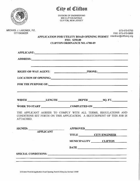 First page of the Utility Road Opening Permit Application