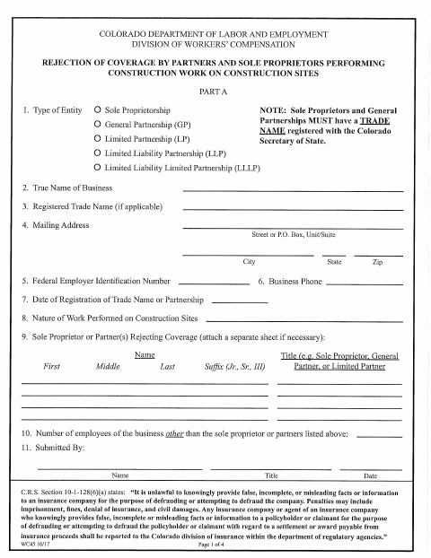 First page of the Rejection of Workers’ Compensation Coverage