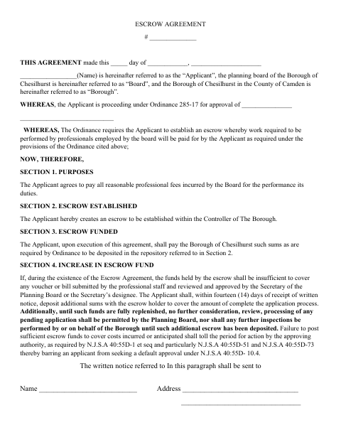First page of the Escrow Agreement Form