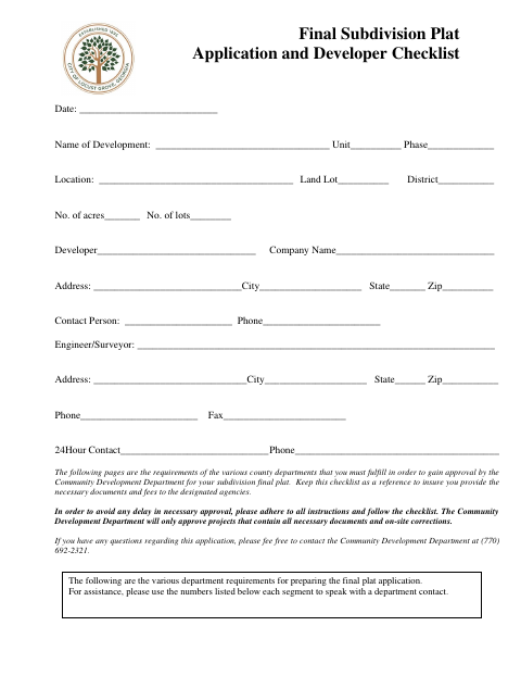 First page of the Final Subdivision Plat Application And Developer Checklist