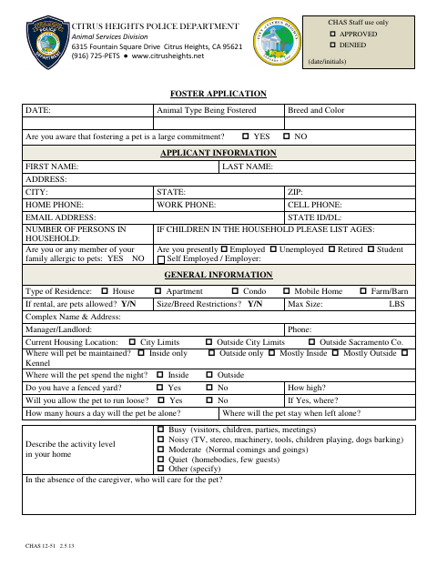 First page of the Foster Application