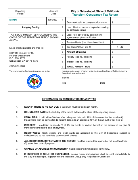 First page of the Transient Occupancy Tax Return