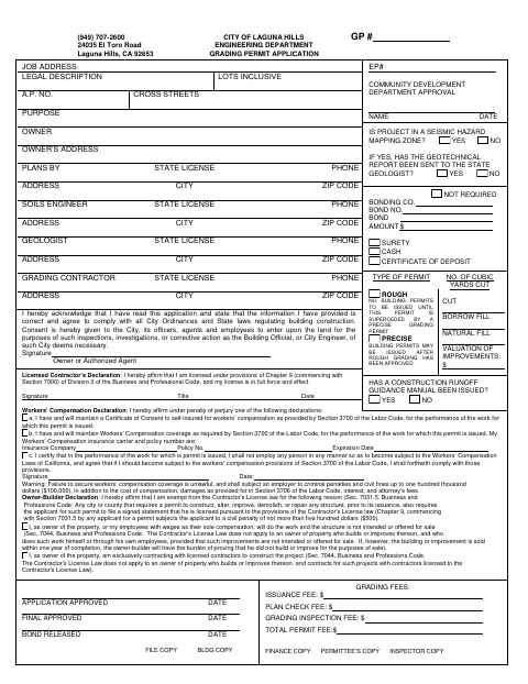 First page of the Grading Permit Application