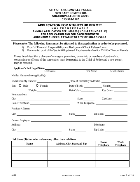 First page of the Nightclub Permit Application
