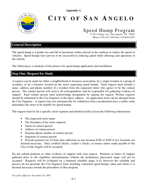 First page of the Speed Hump Study Request Application