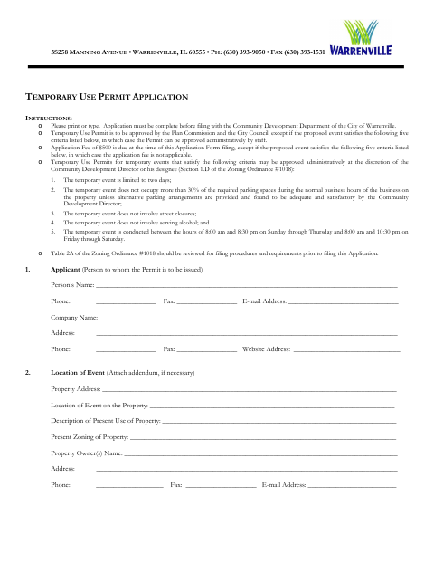First page of the Temporary Use Permit Application