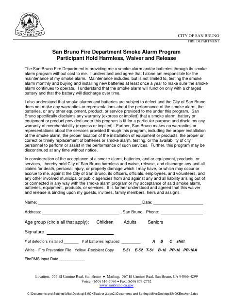 First page of the Smoke Alarm Program Participant Hold Harmless, Waiver and Release