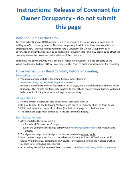 First page of the Release of Covenant for Owner Occupancy