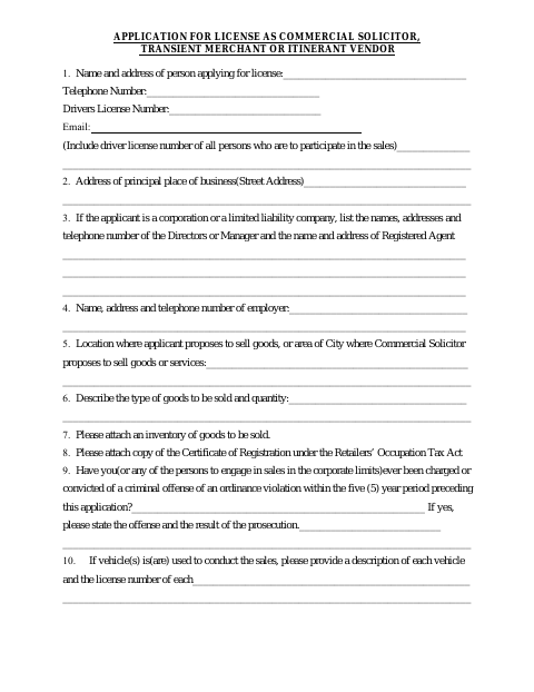First page of the Commercial Solicitor, Transient Merchant or Itinerant Vendor License Application