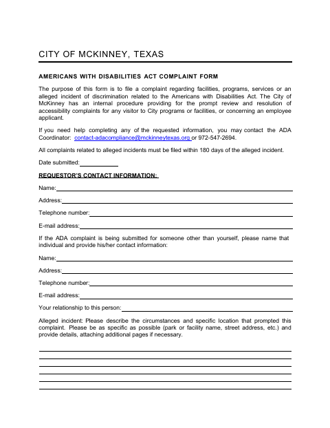 First page of the Americans With Disabilities Act Complaint Form