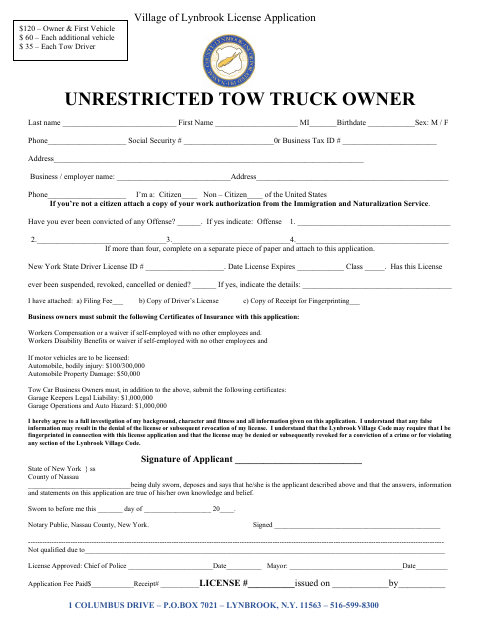 First page of the Unrestricted Tow Truck Owner License Application