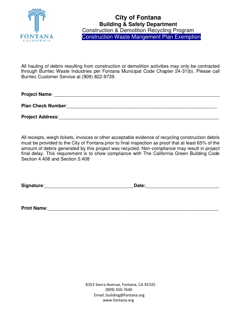 First page of the Construction Waste Management Plan Exemption