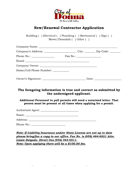First page of the New/Renewal Contractor Application