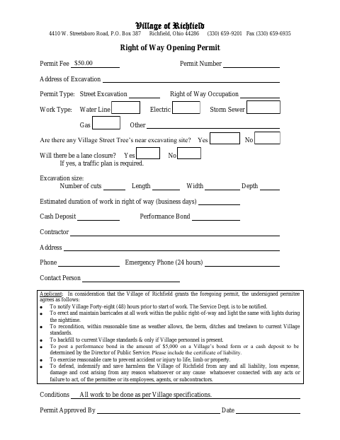 First page of the Right of Way Opening Permit