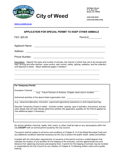 First page of the Application for Special Permit to Keep Other Animals