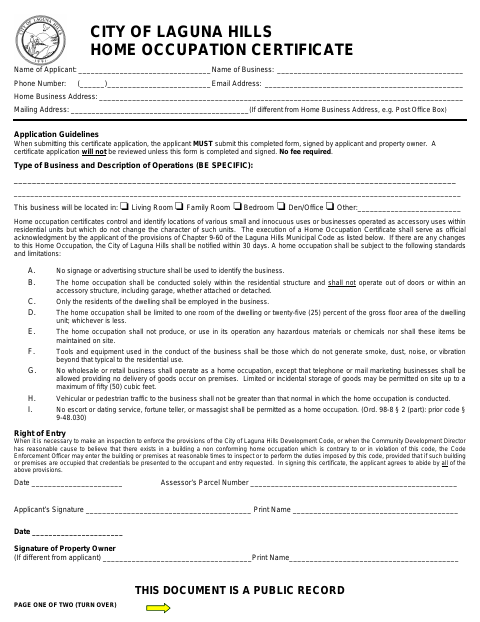First page of the Home Occupation Certificate Application