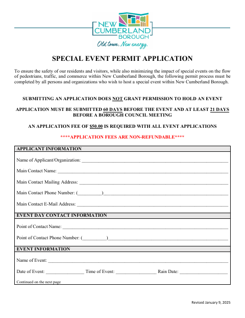 First page of the Special Event Permit Application