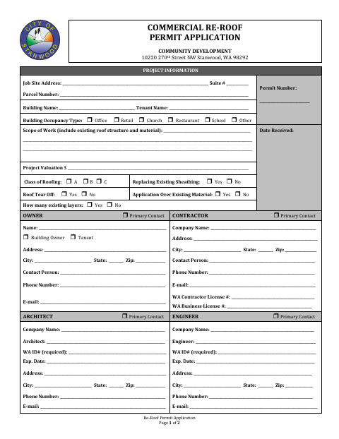 First page of the Commercial Re-Roof Permit Application