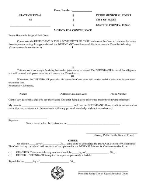 First page of the Motion for Continuance