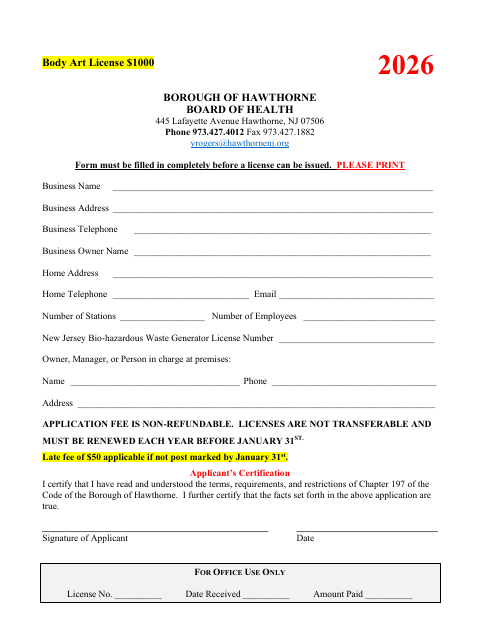 First page of the Body Art License Application