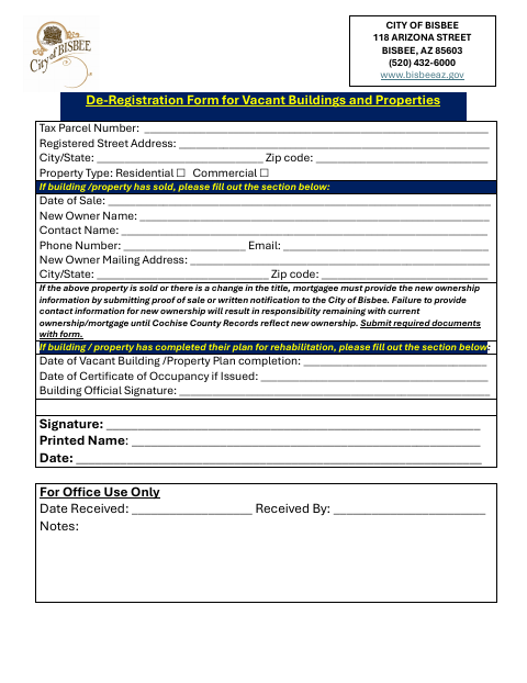 First page of the De-Registration Form for Vacant Buildings and Properties