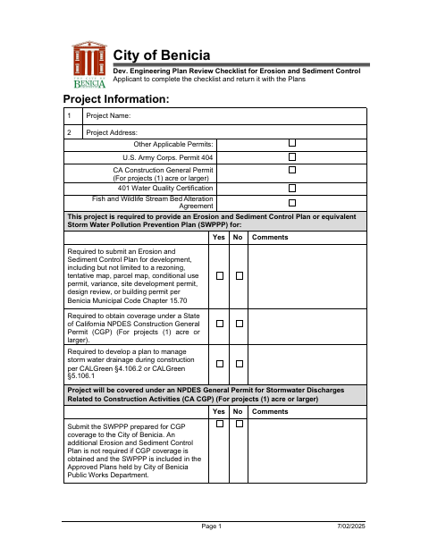 First page of the Erosion and Sediment Control Checklist