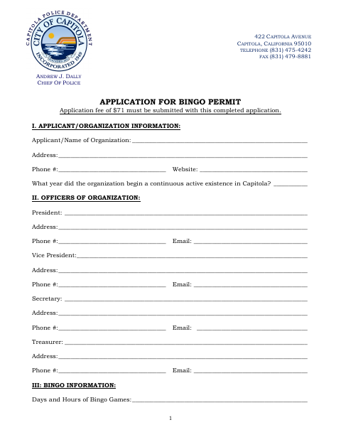 First page of the Application for Bingo Permit