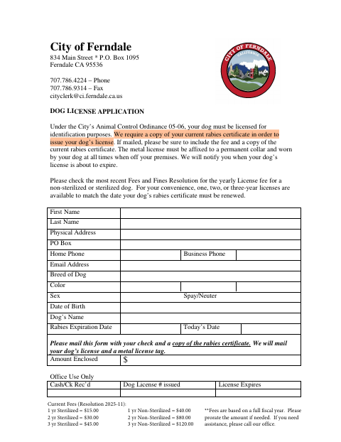 First page of the Dog License Application