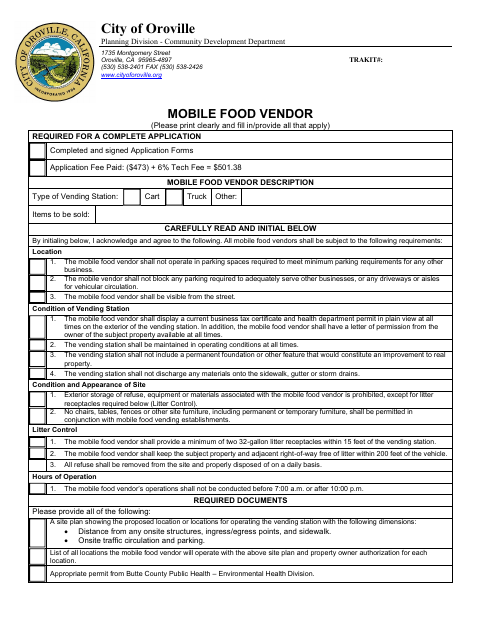 First page of the Mobile Food Vendor Application