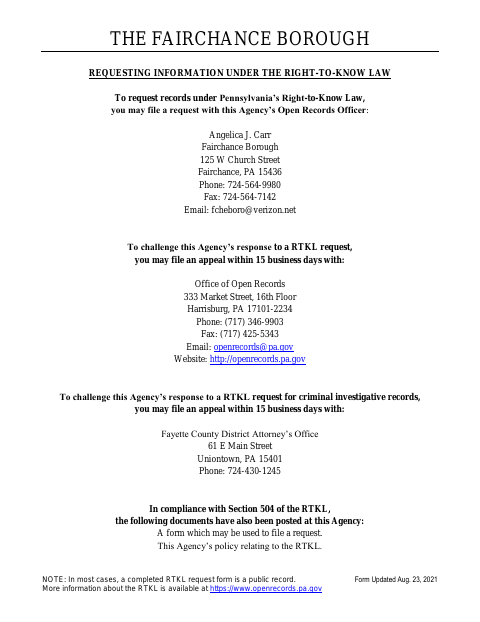 First page of the Right-to-Know Law Request Form