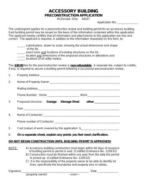 First page of the Accessory Building Preconstruction Application
