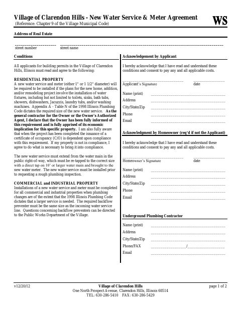 First page of the New Water Service and Meter Agreement