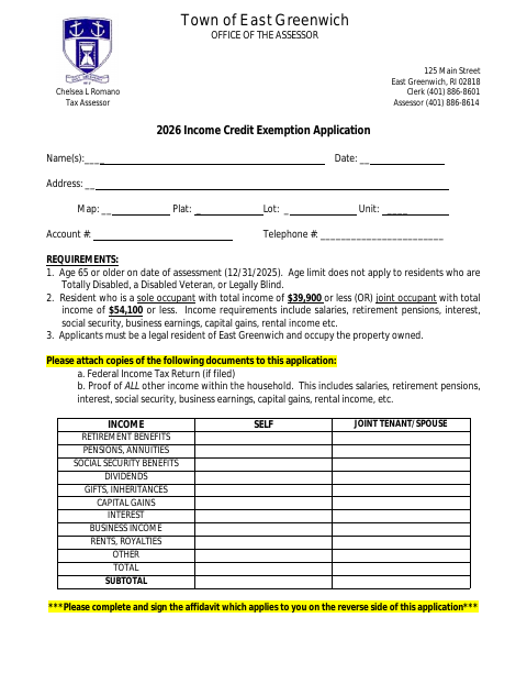 First page of the Income Credit Exemption Application