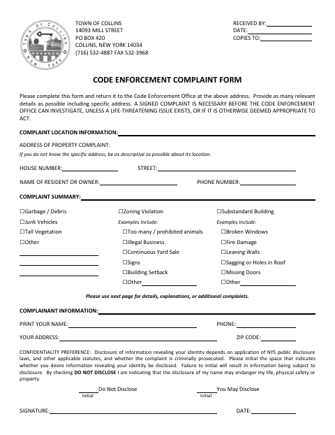 First page of the Code Enforcement Complaint Form