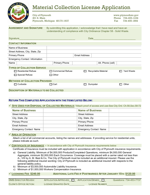 First page of the Material Collection License Application