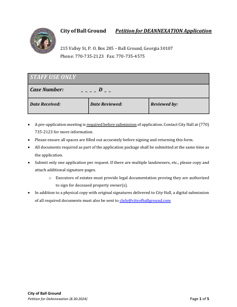 First page of the Petition for De-Annexation Application
