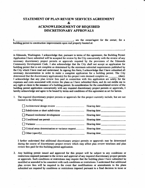 First page of the Statement of Plan Review Services Agreement and Acknowledgement of Required Discretionary Approvals