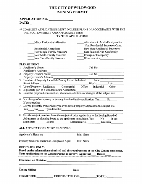 First page of the Zoning Permit Application