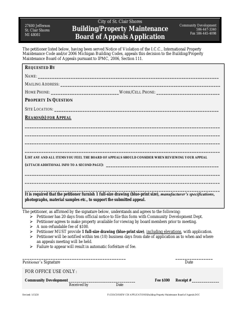 First page of the Building/Property Maintenance Board of Appeals Application
