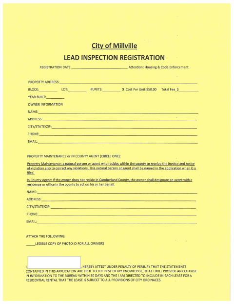 First page of the Lead Inspection Registration