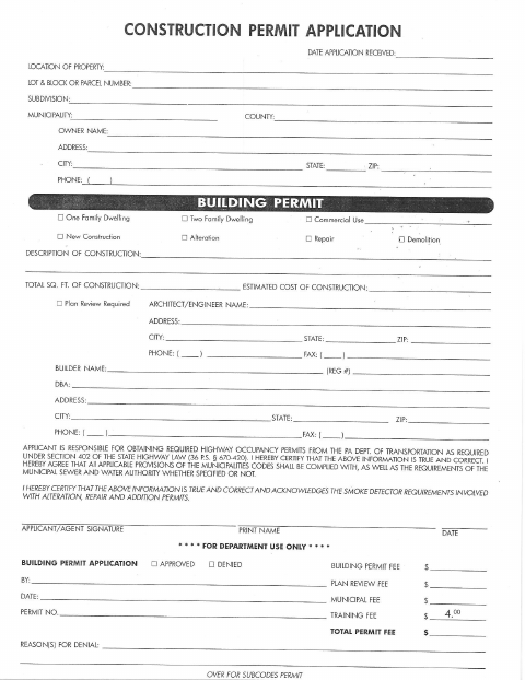 First page of the Construction Permit Application