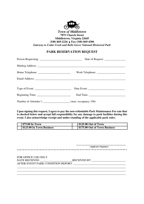 First page of the Park Reservation Request