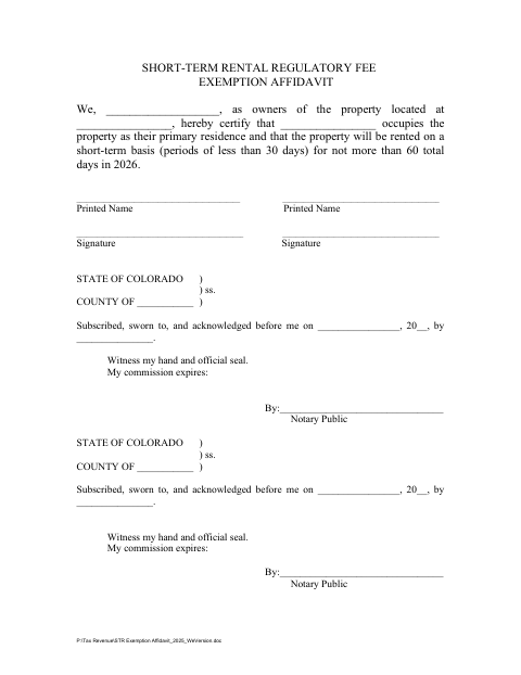 First page of the Short-Term Rental Regulatory Fee Exemption Affidavit