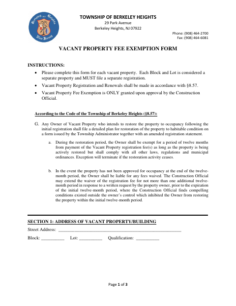 First page of the Vacant Property Fee Exemption Form