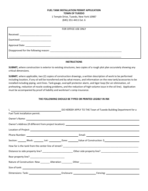 First page of the Fuel Tank Installation Permit Application