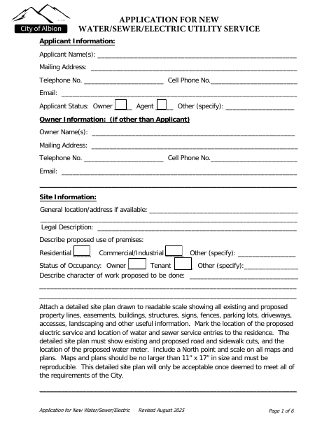 First page of the New Water, Sewer, and Electric Utility Service Application