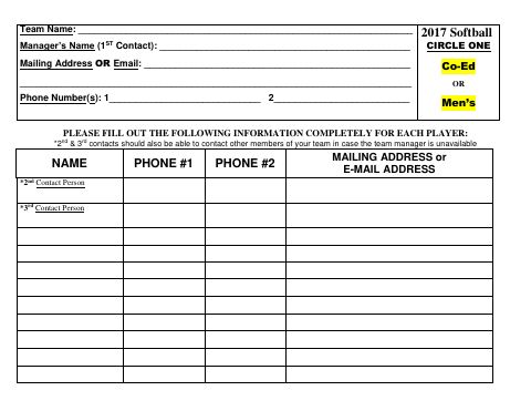 First page of the Blank Team Roster