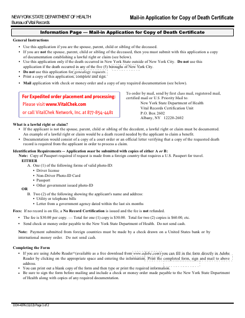 First page of the Mail-In Application for Copy of Death Certificate
